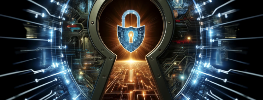 An image that gives the impression of viewing a high-tech digital environment through a cybersecurity keyhole.